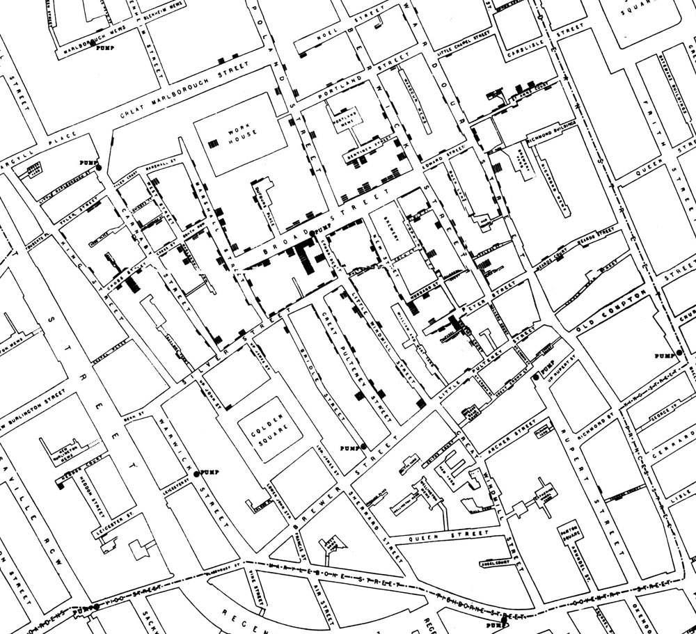 Légende : Épidémie de choléra de Broad Street (1854) par John Snow. Chaque rectangle noir représente un cas de choléra.  Source : Cheffins, C. F. (1854). Lith, Southampton Buildings, Londres (Angleterre). Dans J. Snow (1855). On the Mode of Communication of Cholera (2e éd.). Londres, R.-U. : John Churchill, New Burlington Street.