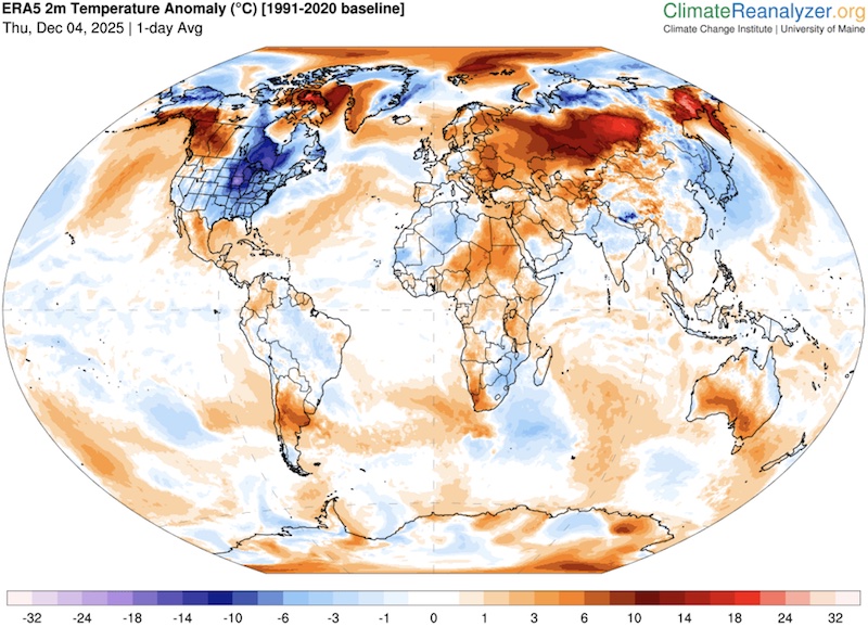 Anomalies de temp&eacute;rature - 4 d&eacute;cembre 2025- ClimateReananalyzer