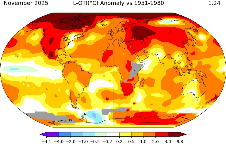 Anomalies de temp&eacute;rature, novembre 2025, Institut Goddard