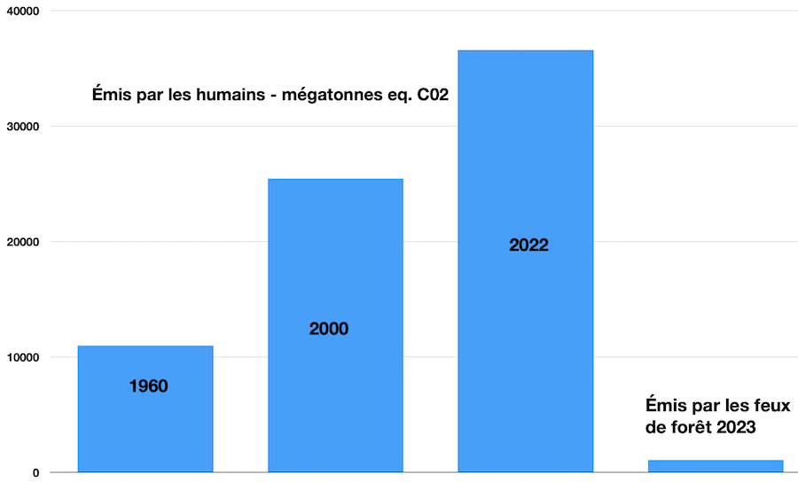 GES émis : humains par année versus feux 2023