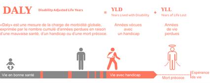 "Daly" est une mesure de la charge de morbidité globale, exprimée par le nombre d'année perdues en raison d'une mauvaise santé, d'un handicap ou d'une mort précoce (DALY = {Années vécues avec un handicap} + {Années de vie perdues})