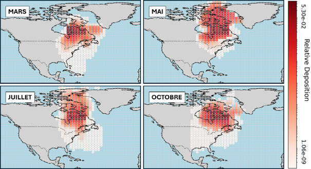 Ensemble de quatre cartes comparant les d&eacute;p&ocirc;ts relatifs en Am&eacute;rique du Nord pour les mois de mars, mai, juillet et octobre, mettant en &eacute;vidence des variations saisonni&egrave;res marqu&eacute;es
