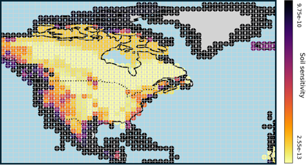 Visualisation cartographique de la sensibilit&eacute; des sols &agrave; l&rsquo;&eacute;chelle nord‑am&eacute;ricaine, mettant en &eacute;vidence les variations r&eacute;gionales &agrave; l&rsquo;aide d&rsquo;un gradient de couleurs